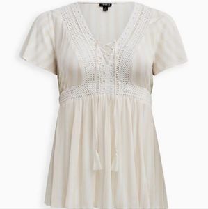 BABYDOLL CRINKLE GAUZE CROCHET INSET LACE-UP TOP (D4)